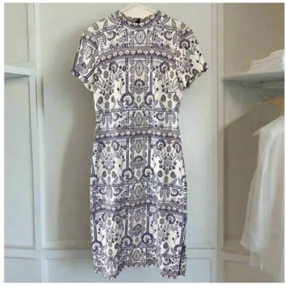 Anthropologie Dress Large Petite Blue Short Sleeve Midi Mock Neck Stretch Knit - Picture 2 of 7